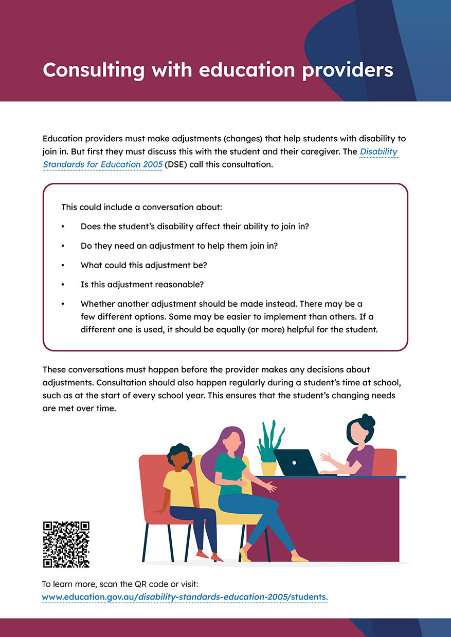 Printable poster tile with the heading 'Consulting with education providers'. There is an illustration of two people sitting down (one child and one adult) and meeting with an adult sitting at a desk with laptop.