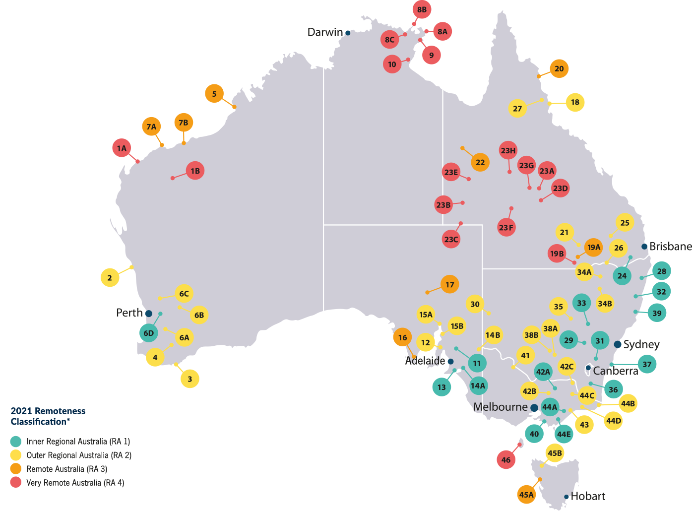 This is a map of Australia. It is showing the Regional University Study Hubs across all of Australia based on their location and remoteness classification. The remoteness classification is based on the 2021 Australian Bureau of Statistics remoteness classification.