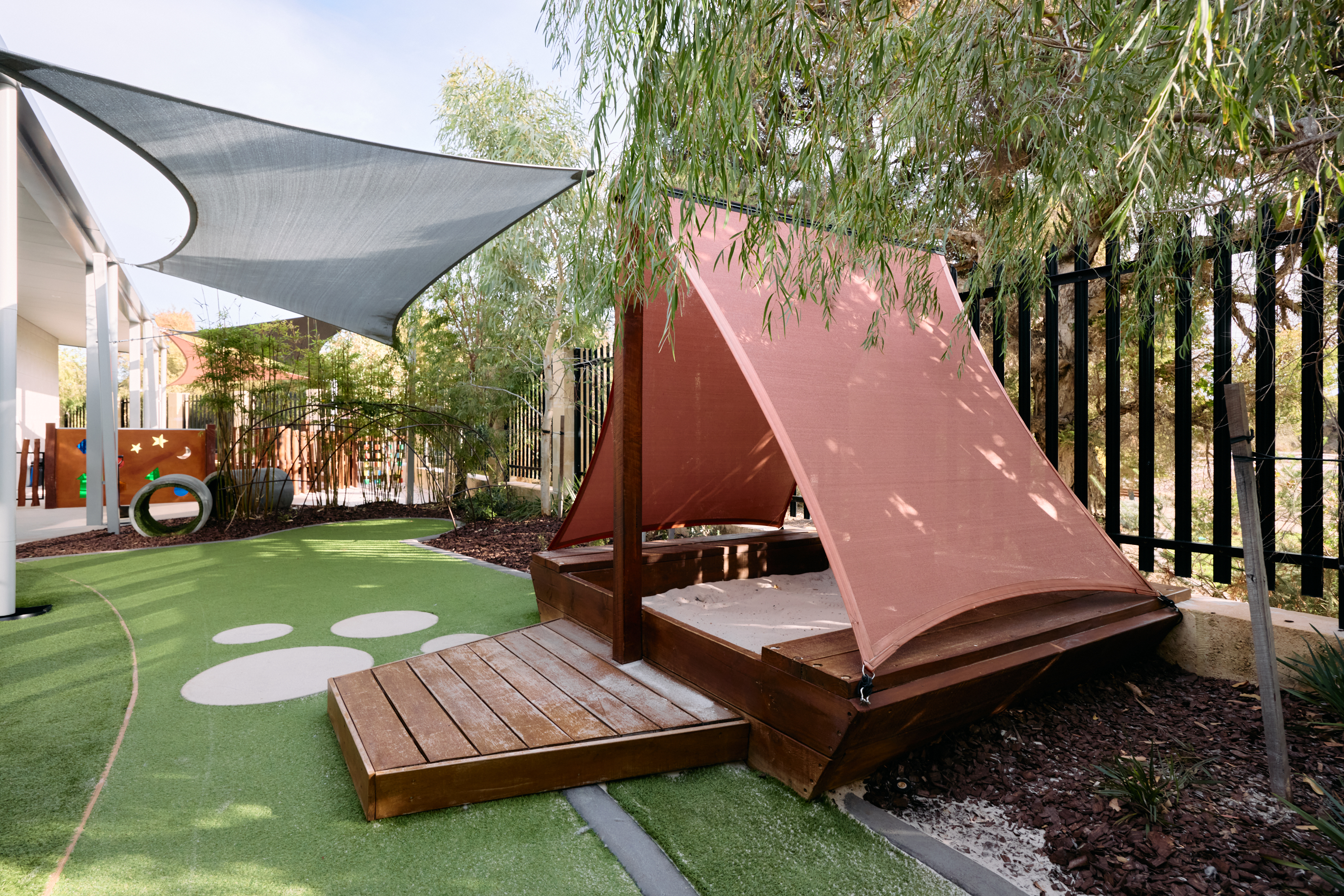 Image of a shaded area in a childcare outdoor area.