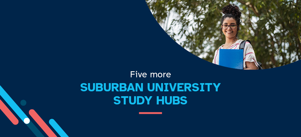 Five more Suburban university study hubs - image of woman smiling wearing black spectacles with dark hair, holding a book.