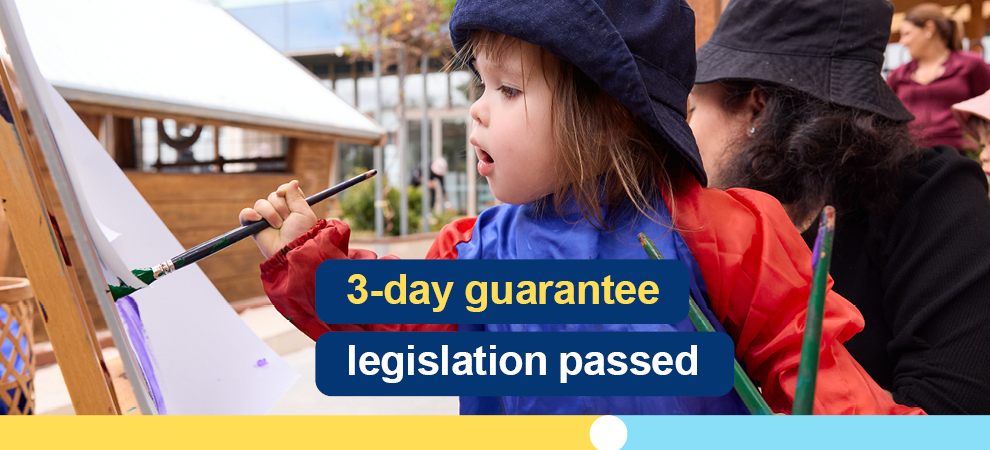 Image of a child wearing a hat and painting a picture. 3 day guarantee legislation passed.