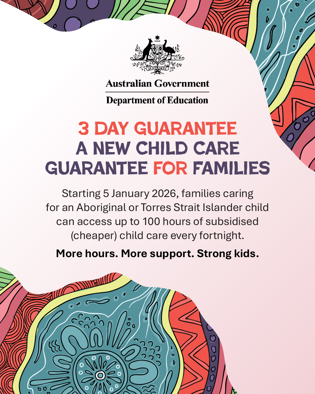 Intagram tile containing information on 3 Day Guarantee for families caring for an Aboriginal or Torres Strait Islander child
