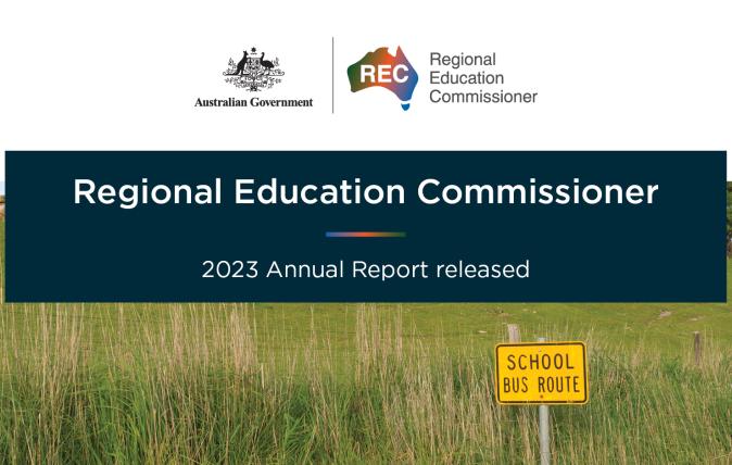 Banner from the Regional Education Commissioner including the Australian government logo infront of a front of a paddock with long grass and a yellow bus stop street sign.