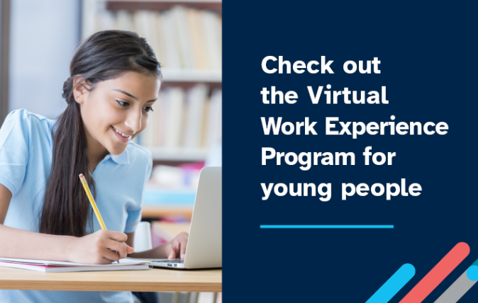 Virtual Work Experience Program banner with an image of young school girl doing school work at her desk,