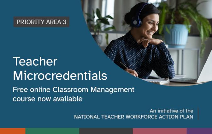 Teacher microcredentials newsroom banner with an image of a woman seated a desk with a laptop and headphones on smiling.