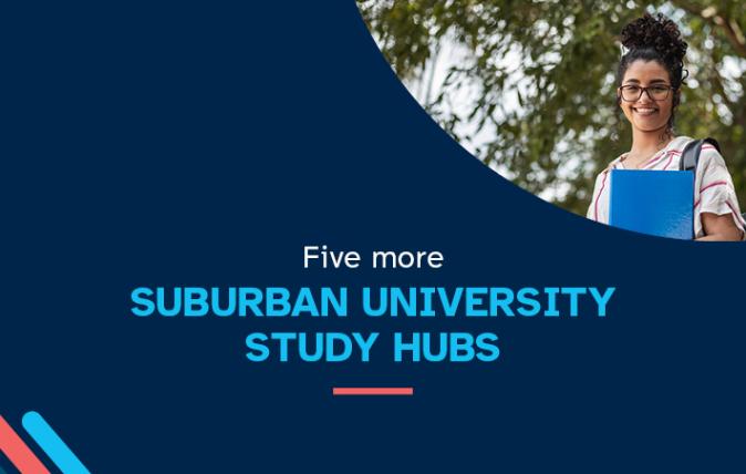 Five more Suburban university study hubs - image of woman smiling wearing black spectacles with dark hair, holding a book.