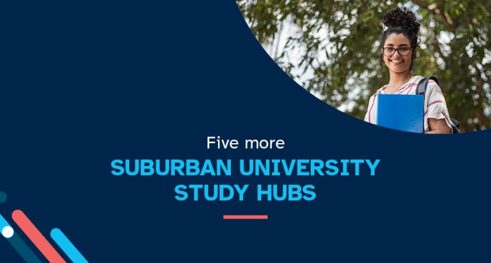 Five more Suburban university study hubs - image of woman smiling wearing black spectacles with dark hair, holding a book.