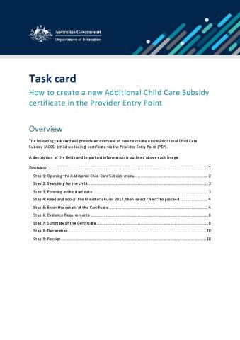 Task card - how to create a new Additional Child Care Subsidy certificate in the Provider Entry Point.pdf