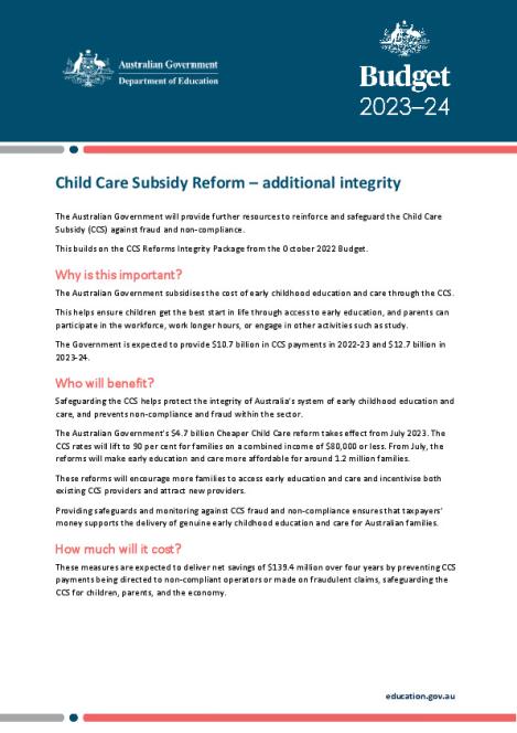 Budget 23-24 Factsheet - Child Care Subsidy Reform - Additional Integrity.pdf