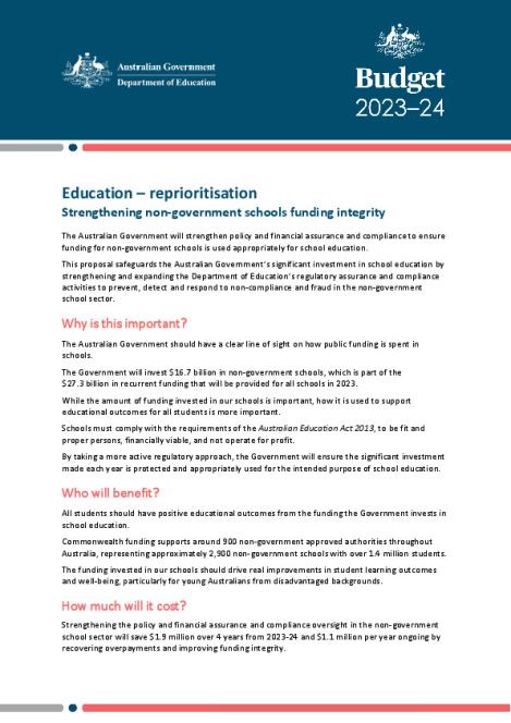 Educaton - reprioritisation, Non-govt schools funding integrity.pdf