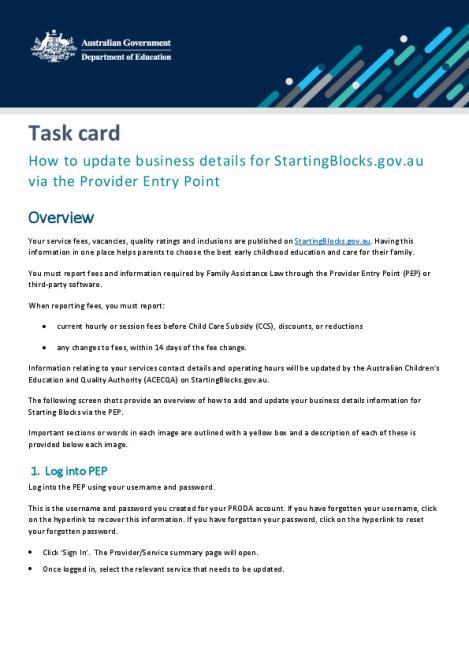 Task card - How to update business details in the Provider Entry Point (PEP) for Starting Blocks.pdf