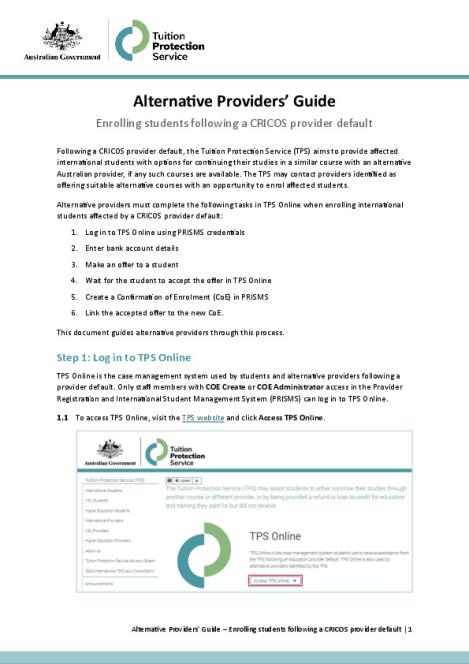 Alternative Providers' Guide - Enrolling Students following a CRICOS Provider Default.pdf