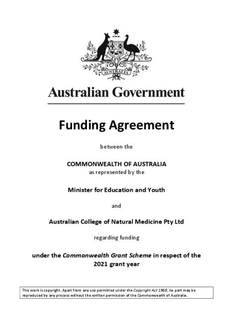 Australian College of Natural medicine Pty Ltd 2021 Funding Agreement.pdf