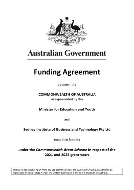 Sydney Institute of Business and Technology 2021-22 Funding Agreement Executed.pdf