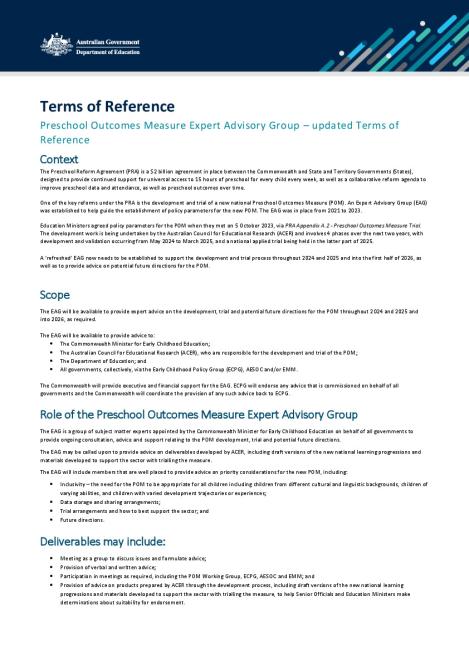 Preschool Outcomes Measure Expert Advisory Group – updated Terms of Reference - Sept 2024.pdf